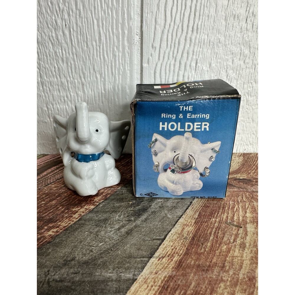 Vintage Elephant Earring Ring Jewelry Holder White Figurine 1970’s NIB